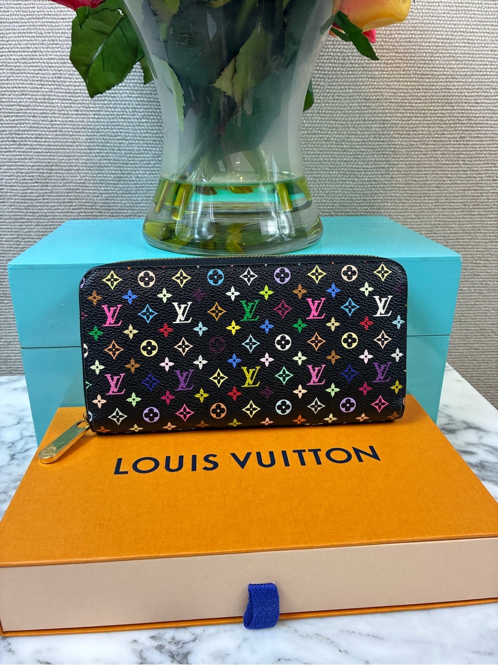 Louis Vuitton Black Multicolor Murakami Zip Around Wallet - Purple Interior 🔥